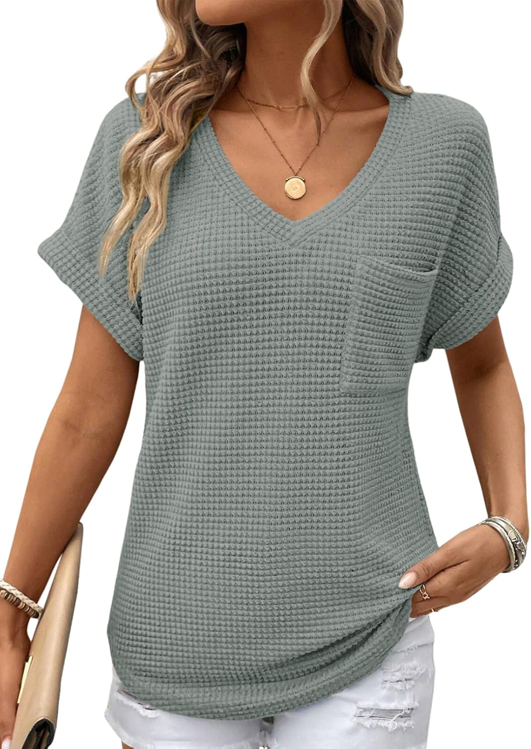 Dokotoo Womens Waffle Knit Tops 2026 Spring Summer V Neck Shirts Casual Trendy Women's Blouses Basic Tee