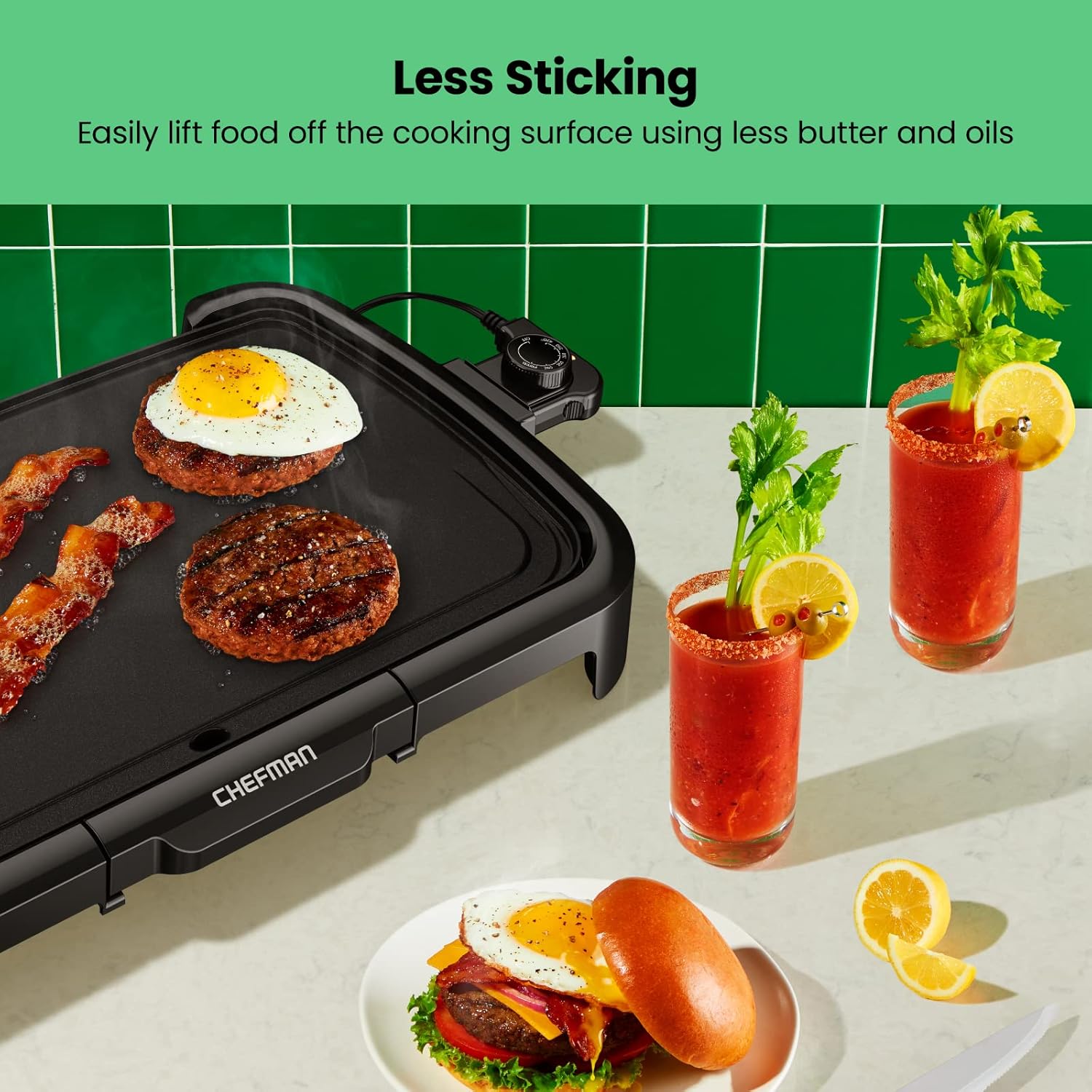 Chefman XL Electric Griddle with Removable Temperature Control, Immersible Flat Top Grill, Burger, Eggs, Pancake Griddle, Nonstick Extra Large Cooking Surface, Slide Out Drip Tray, 10 x 20 Inch - Image 5
