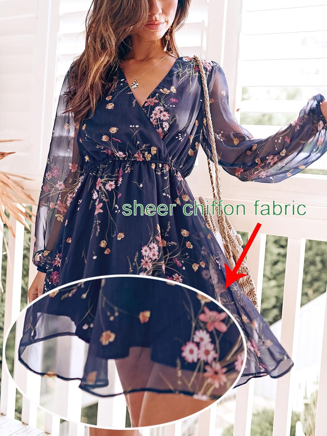 CUPSHE Women's Mini Dresses Casual Spring V Neck Chiffon Long Peasant Sleeves Flowy Spring Dress - Image 4