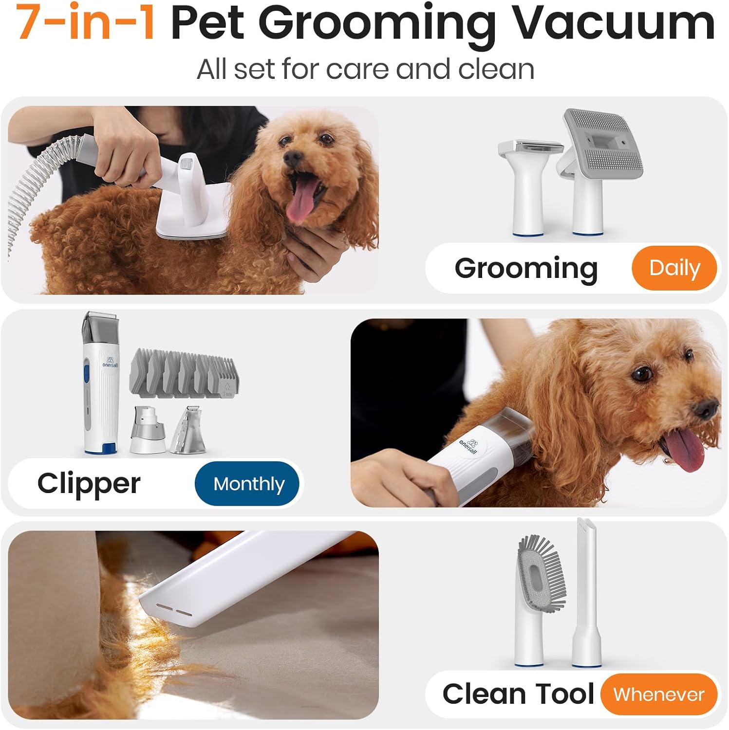 oneisall Dog Grooming Vacuum, Pet Grooming Vacuum with Clipper Nail Grinder, 1.5L Dust Cup Dog deshedding Brush with 7 Tools for Shedding Pet Hair, Home Cleaning(Blue) - Image 2