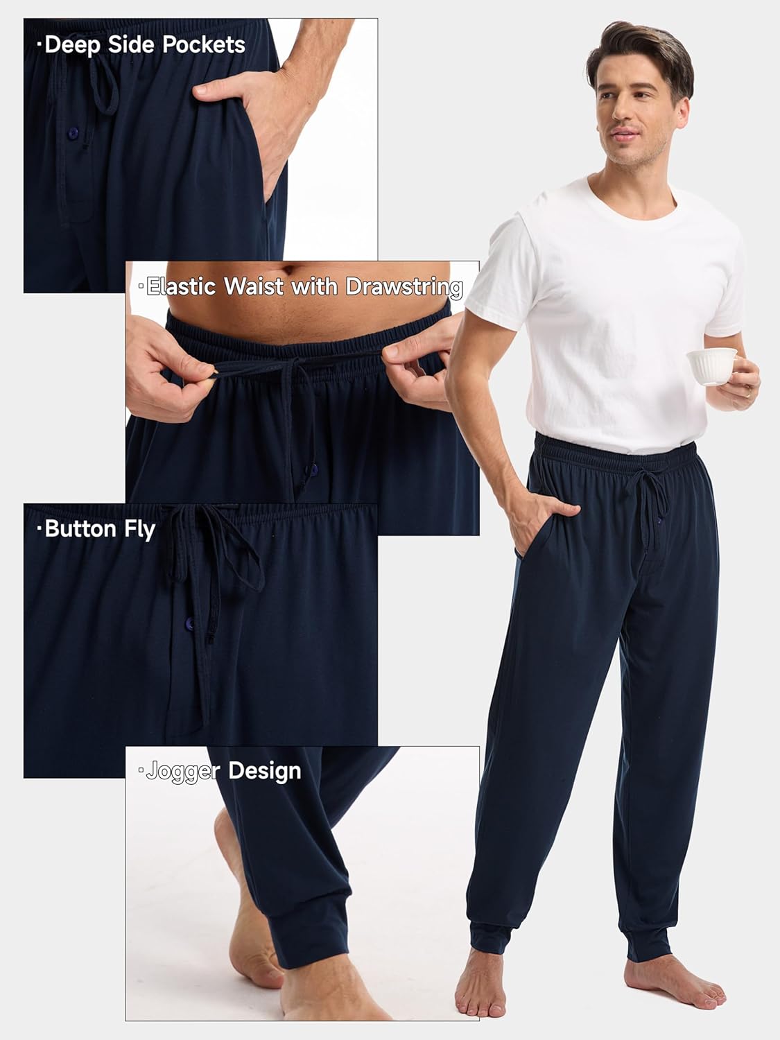 3 Pack Mens Pajama Pants Cotton Jogger Pjs Comfy Lightweight Lounge Sleep Pants for Men with Pockets & Drawstring - Image 2