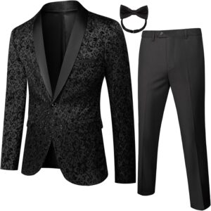 Mens Tuxedo Black Floral 2 Piece for Prom Wedding Party Suit Jacket Pants Slim Fit Shawl Lapel