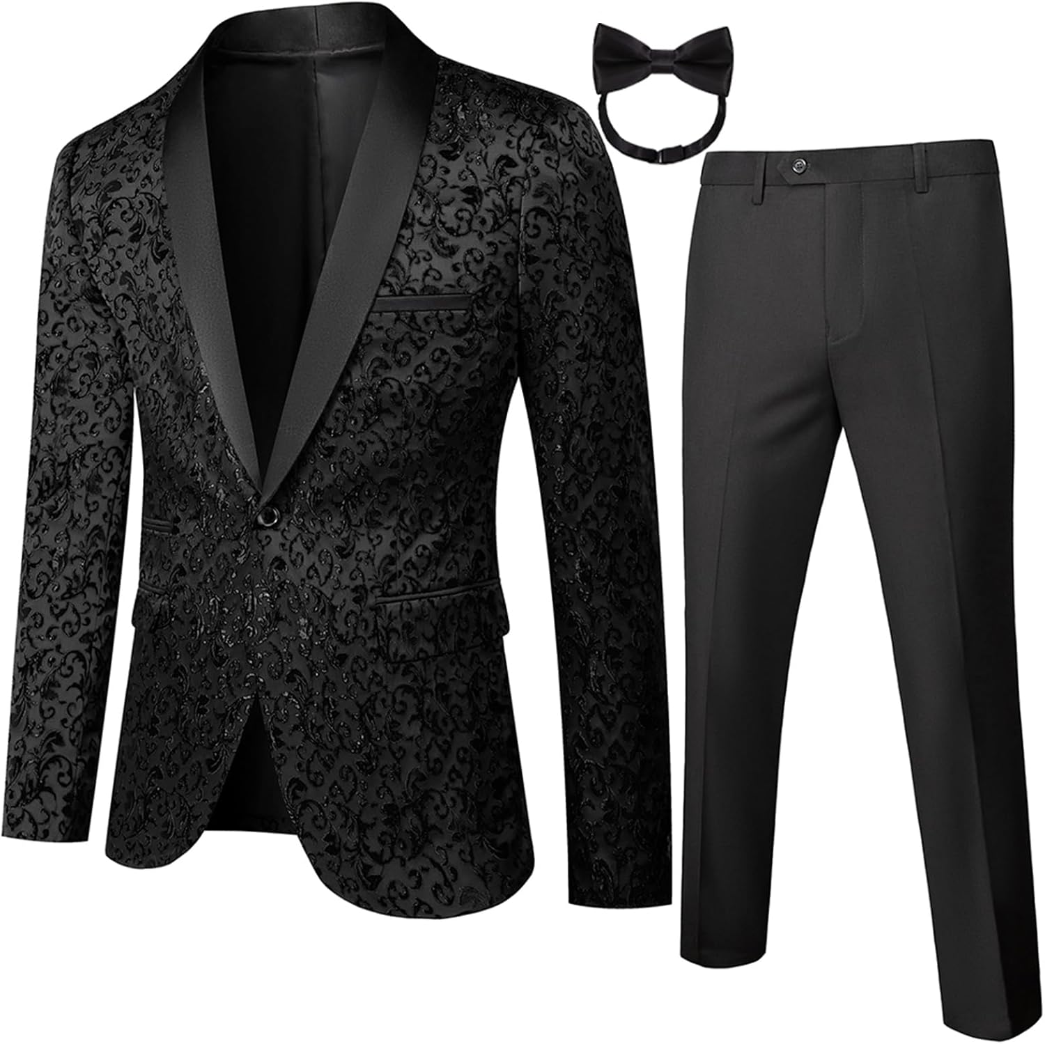 Mens Tuxedo Black Floral 2 Piece for Prom Wedding Party Suit Jacket Pants Slim Fit Shawl Lapel