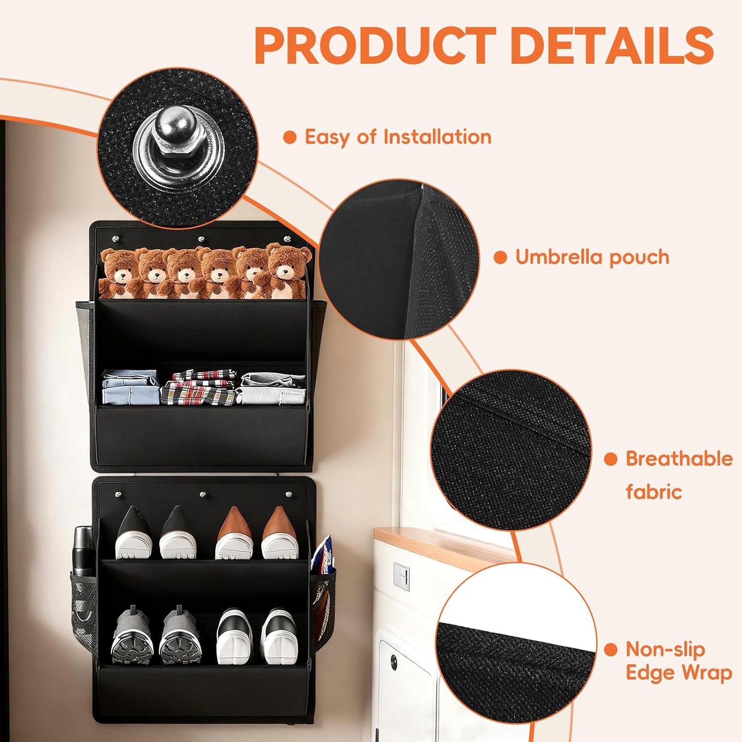 2 Pack RV Shoe Storage Organizer, Over the Door/Wall Hanging Shoe Rack with Sticky Adhesive, Large Deep Pockets for Narrow Space, Closet Camper Storage Black - Image 5