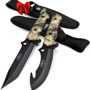 MOSSY OAK Fixed Blade Hunting Knife Set – 2 Piece, Full Tang Handle Straight Edge and Gut Hook Blades Game Processing Knife, Sheath Included