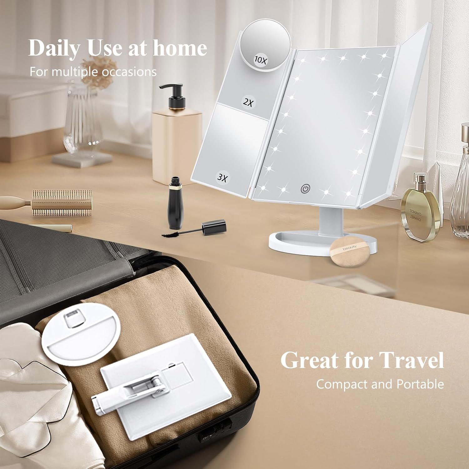 HUONUL Makeup Mirror, Vanity Mirror with Lights, 2X/3X/10X Magnification, Touch Control, Trifold, Dual Power Supply, Mothers Day, Birthday Gifts for Mom,Gifts for Women,Girls, Dorm Room Essentials - Image 4