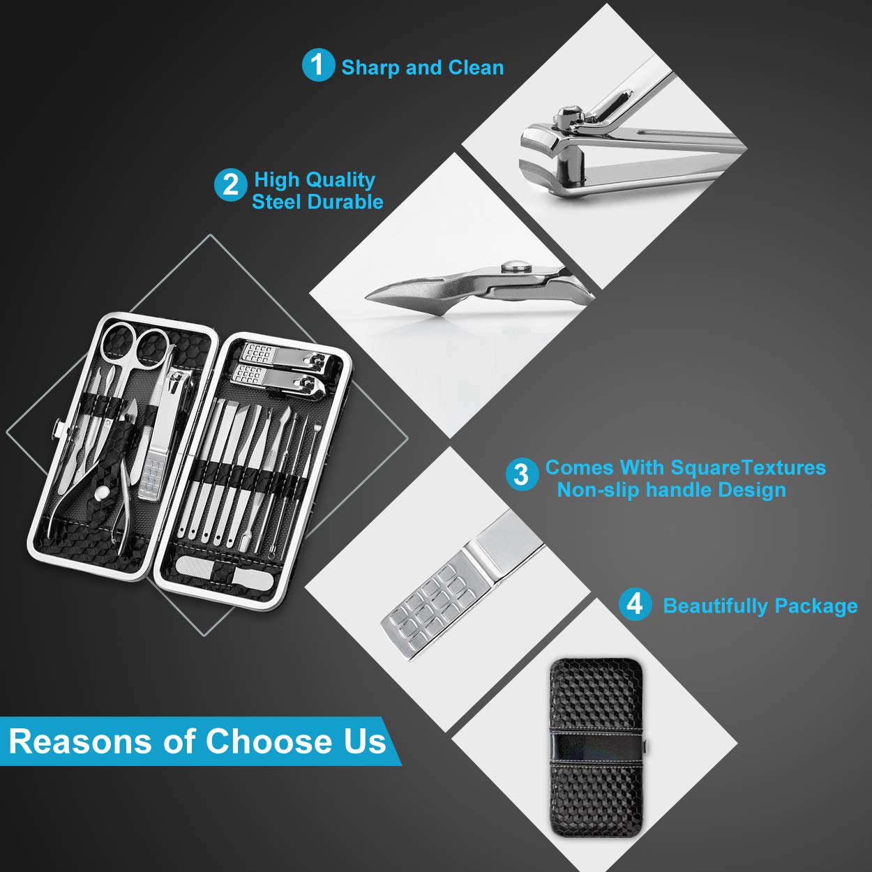Yougai Nail Clippers Set - 18 Pcs Professional Manicure Pedicure Kit for Men Women, Stainless Steel Fingernail Toenail Clippers Cutters, Nail Care Grooming Tools with Leather Travel Case - Image 8