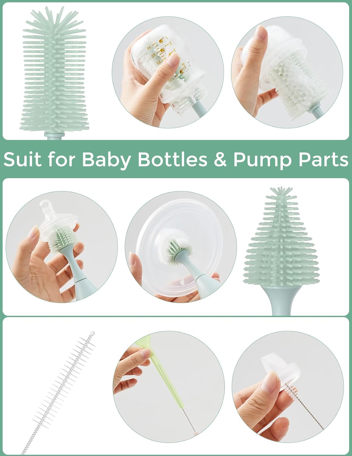 Momcozy Bottle Brush Kit with Push-Press Foam Design - Newborn Essentials Gift, Portable Cleaning Tool for Home & Travel, Baby Bottle Cleaner Brush for Breast Pumps & Nipples, Green - Image 3
