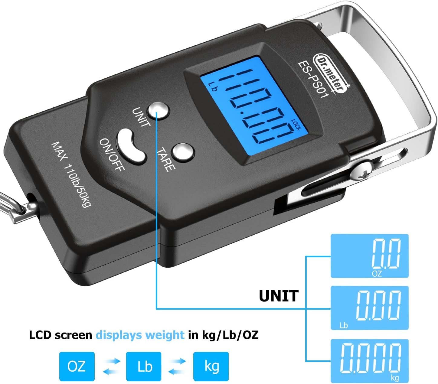 Dr.meter Fish Scale Luggage Scale Fishing Gear - 110lb Backlit LCD Display Digital Scale with Built-in Measuring Tape - Fishing Scale with 2 AAA Batteries, Pocket Size - Fishing Gifts for Men - Image 4