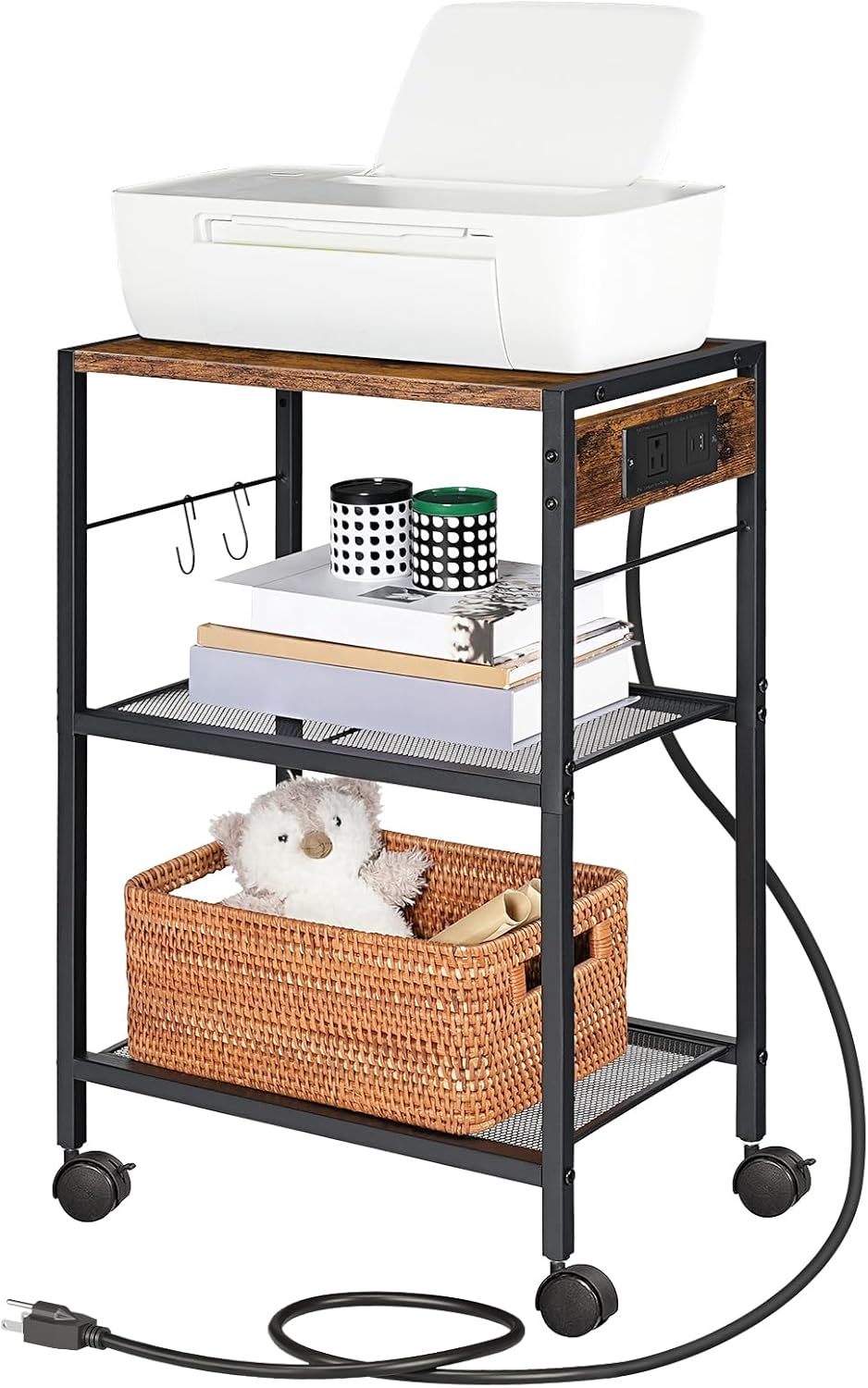 HOOBRO Industrial Printer Stand, 3-Tier Mobile Printer Table, Rolling Cart with Power Outlets and USB Ports, Home Printer Stand with 2 Hooks, for Office, Living Room, Rustic Brown BF22UPS01 - Image 5