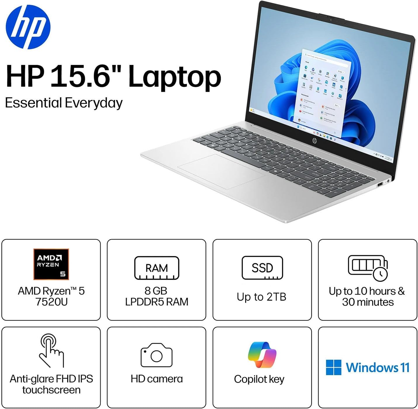 HP Pavilion 15.6" Touchscreen Laptop • 2026 Edition • AMD Ryzen 5 7520U • 8GB RAM • 256GB PCle SSD • Bluetooth • Copilot AI • Wi-Fi 6 • Windows 11 • Ready for School & Work - Image 2