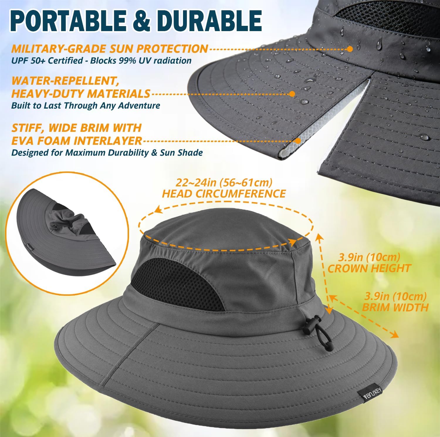 EINSKEY Wide Brim Sun Hat, UPF 50+ UV Protection Waterproof Packable Bucket Hat for Men & Women, Fishing Hiking Beach Garden - Image 6