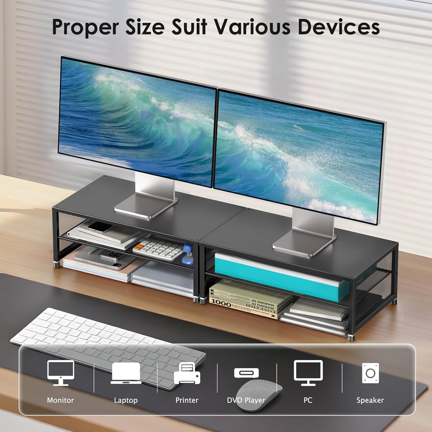 ECOLOVI 2-Tier Computer Monitor Stand Riser, Desk Organizer for Monitor, Printer & Laptop Stand, Desktop Workspace Organizers for Office Supplies(Black) - Image 4