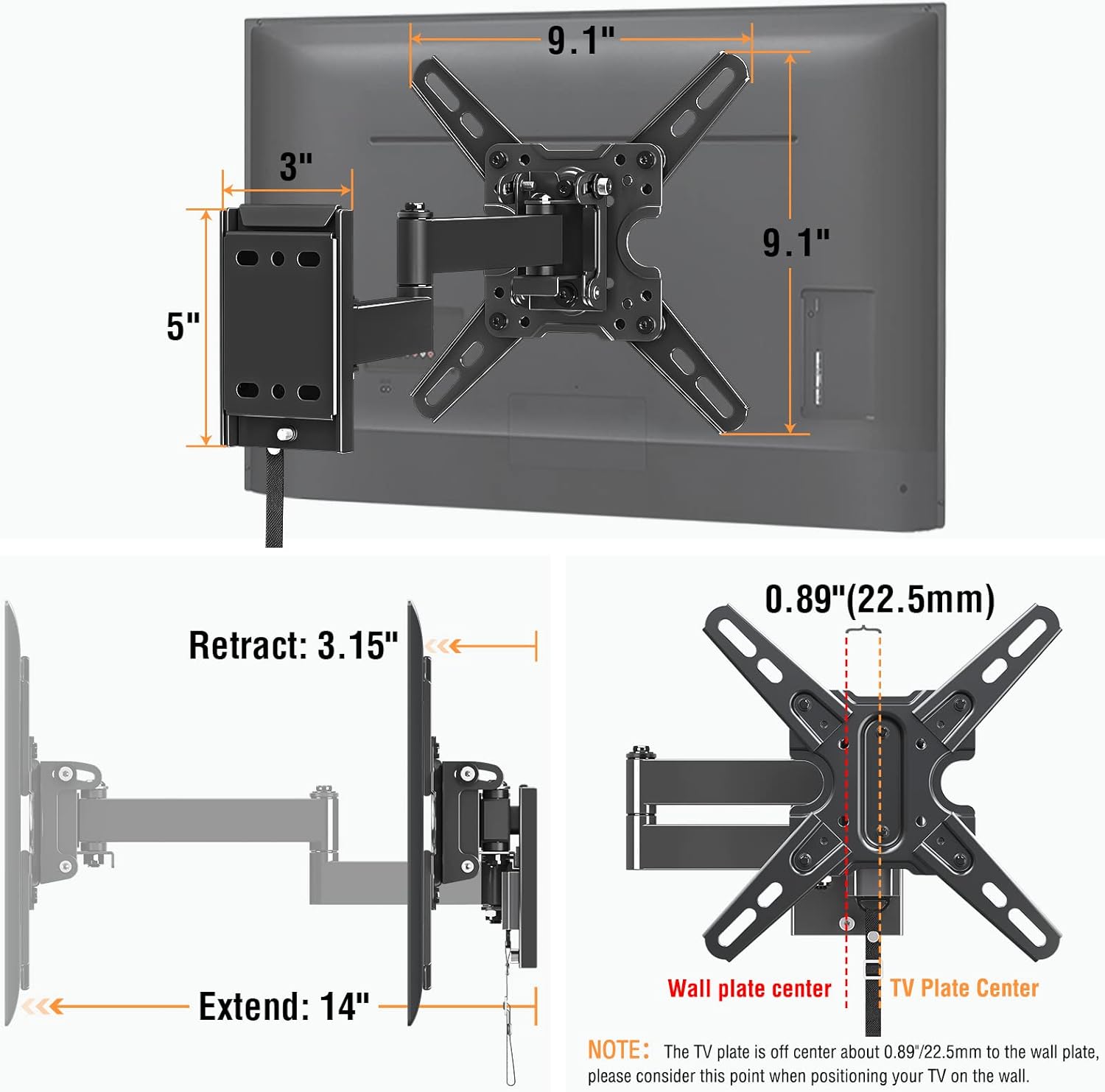 ELIVED Lockable RV TV Mount for Most 13-43 Inch TVs, RV TV Wall Mount Swivel and Tilt for Camper Trailer Motorhome, Detachable tv Bracket with Double Wall Plates, Max VESA 200x200mm, up to 22 LBS - Image 5