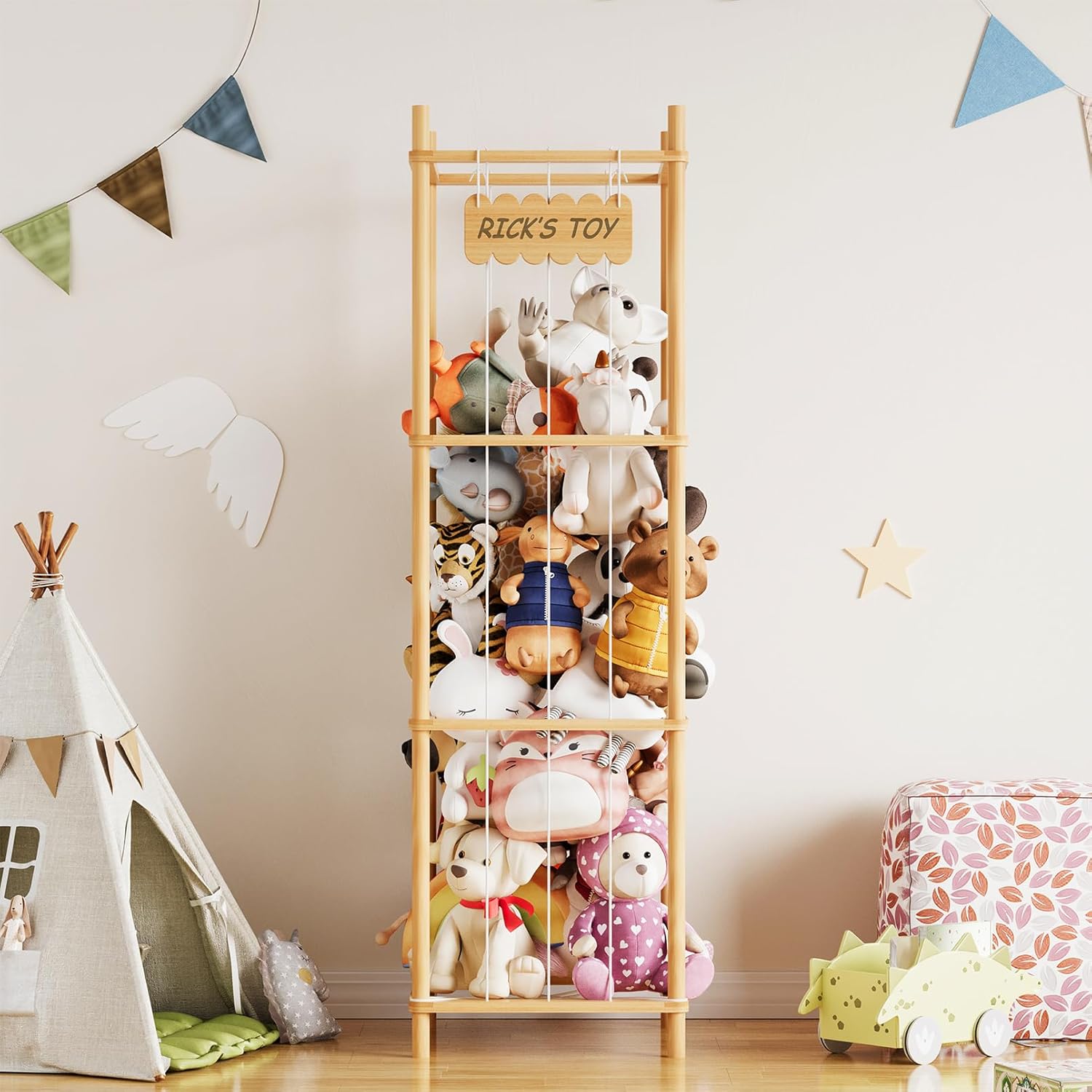 SpaceAid Stuffed Animal Storage Organizer, Wood Animals Zoo Toy Plushies Storage Holder, Large Capacity Plush Toy Cage for Playroom Organization, 15.8" Wide, Natural - Image 2
