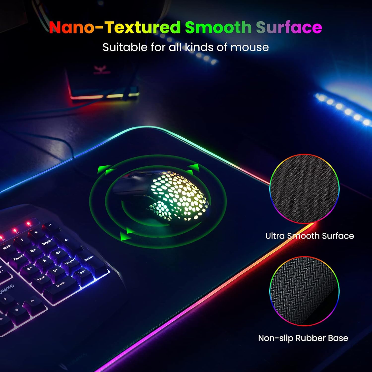 BladeHawks Extra Large RGB Gaming Mouse Pad-14 Light Modes, Extended Soft LED Mouse Pad, Anti-Slip Rubber Base, Computer Keyboard Mousepad Mat (31.5 x 12 Inch) - Image 3