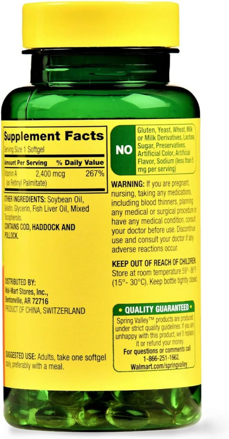 Spring Valley - Vitamin A SUPPLEMENT 2400MCG 250 Softgels - Image 2