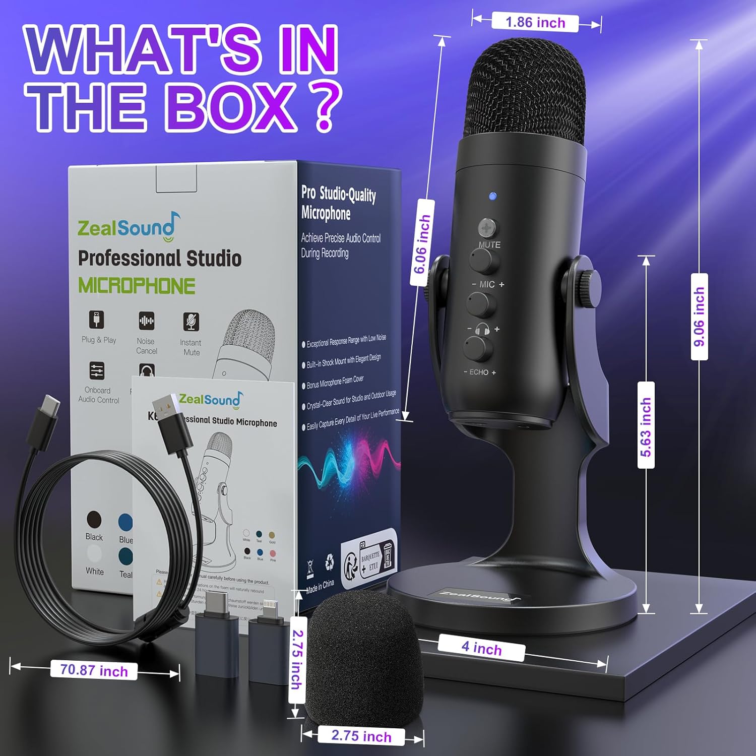 ZealSound Podcast Microphone for PC, Noise Cancellation USB Mic with Gain, Volume Adjustment & Mute Button, Monitoring & Echo, for YouTube, TikTok, Podcasting, Streaming, iPhone, iPad, Android, Mac - Image 7