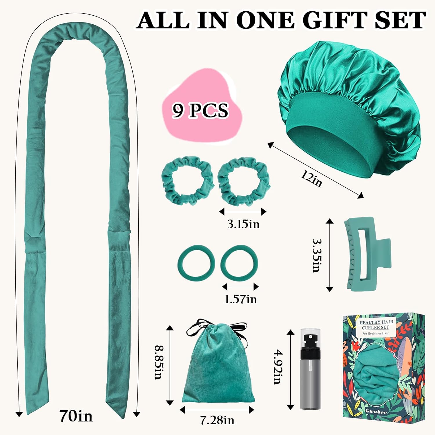 Gwabee No Heat Overnight Curl Headband, 70" Soft Ribbon Wrap for Long Hair, 9 PCS Hair Curling Rods Set - Blue Green - Image 5