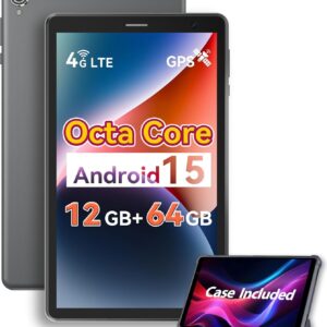 Topsand 8 Inch Tablet Android 15 Tablet with Sim Card Slot Uncloked Cellular Phone with 4G LTE Octa Core 12GB RAM 64GB ROM 2TB TF Expandable Tableta with Case