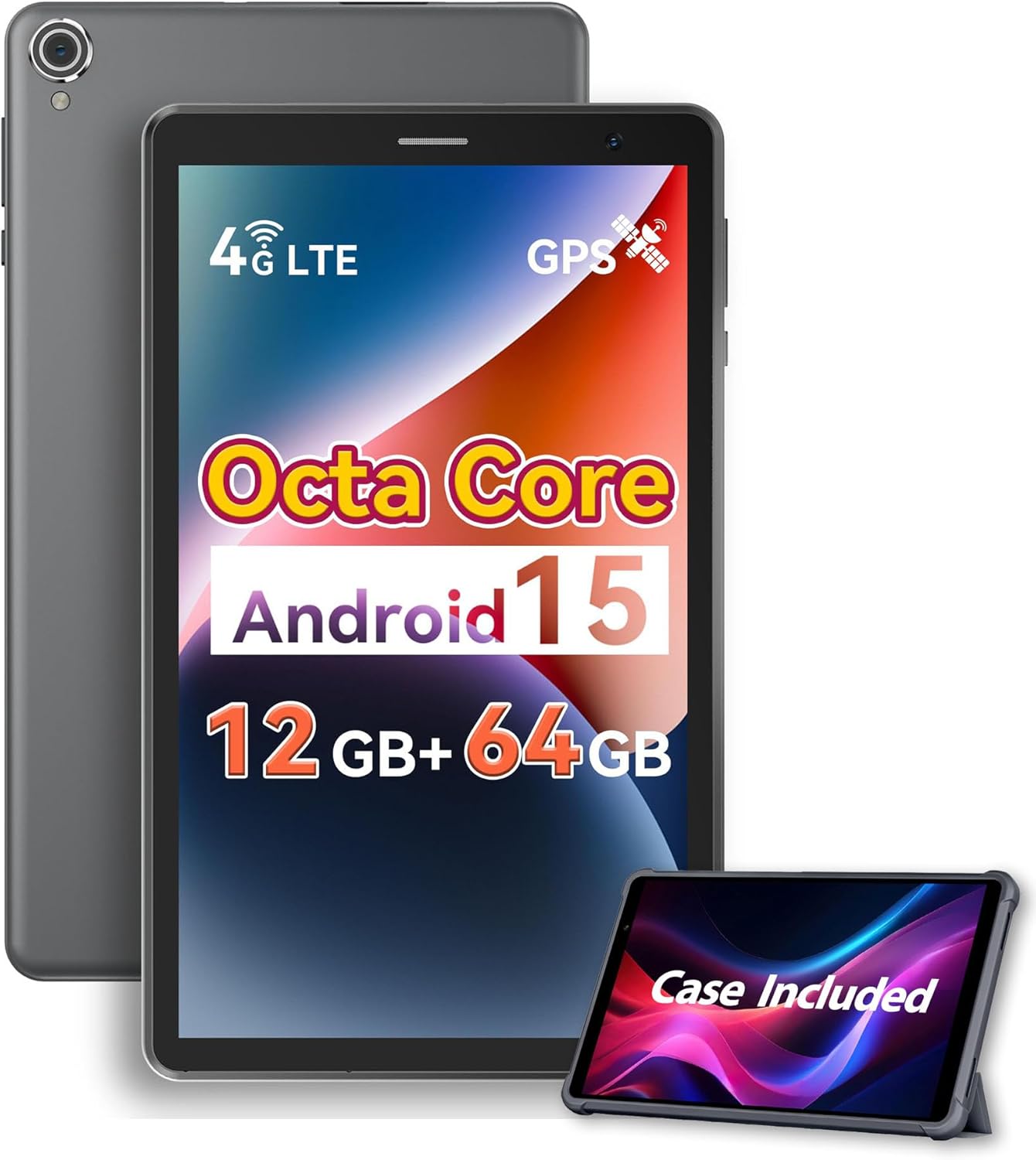 Topsand 8 Inch Tablet Android 15 Tablet with Sim Card Slot Uncloked Cellular Phone with 4G LTE Octa Core 12GB RAM 64GB ROM 2TB TF Expandable Tableta with Case