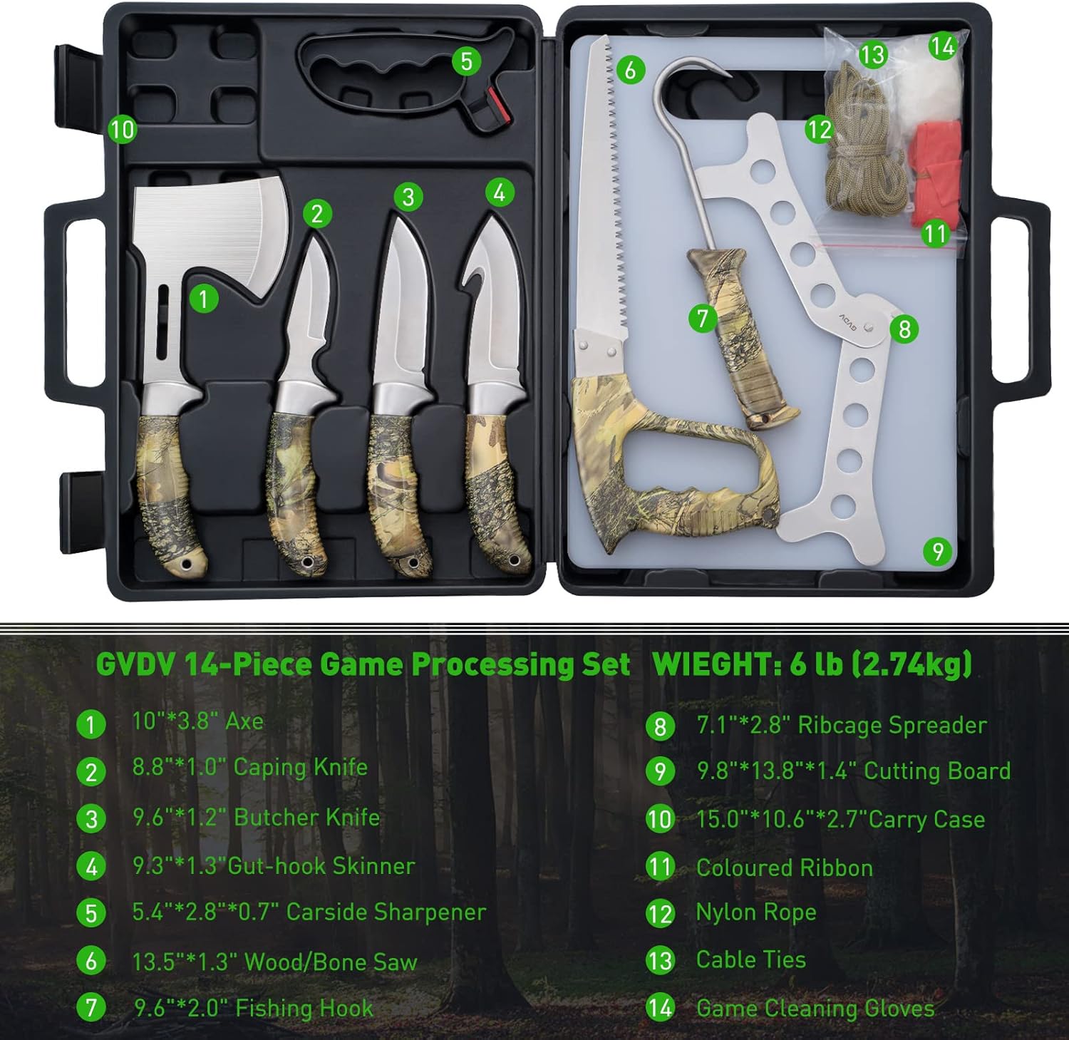 GVDV Hunting Knife Set - Deer Field Dressing Kit, Game Processor Set With Gut Hook Skinner, Spreader, Gloves - 14 Pieces Hunting Knives for Men for Christmas Presents - Image 2