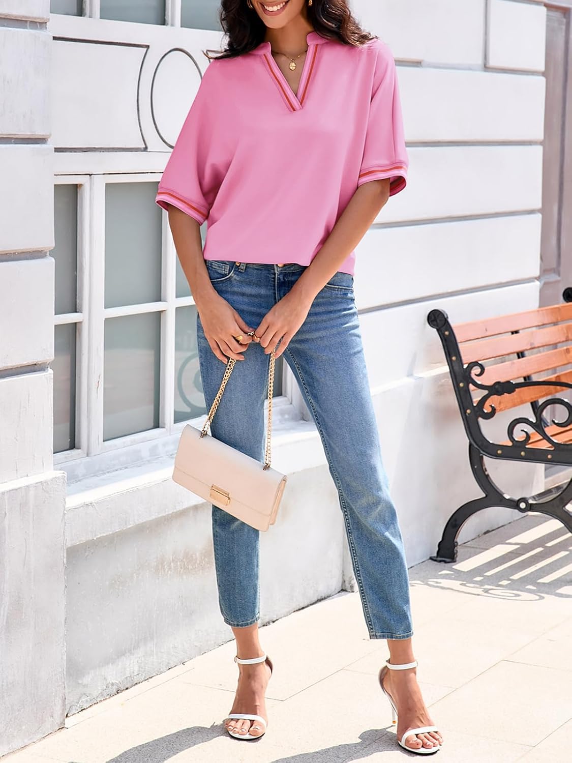 Tankaneo Womens Oversized T Shirt Casual V Neck Half Sleeve Color Block Work Tops Loose Fit Tunic Tees - Image 6
