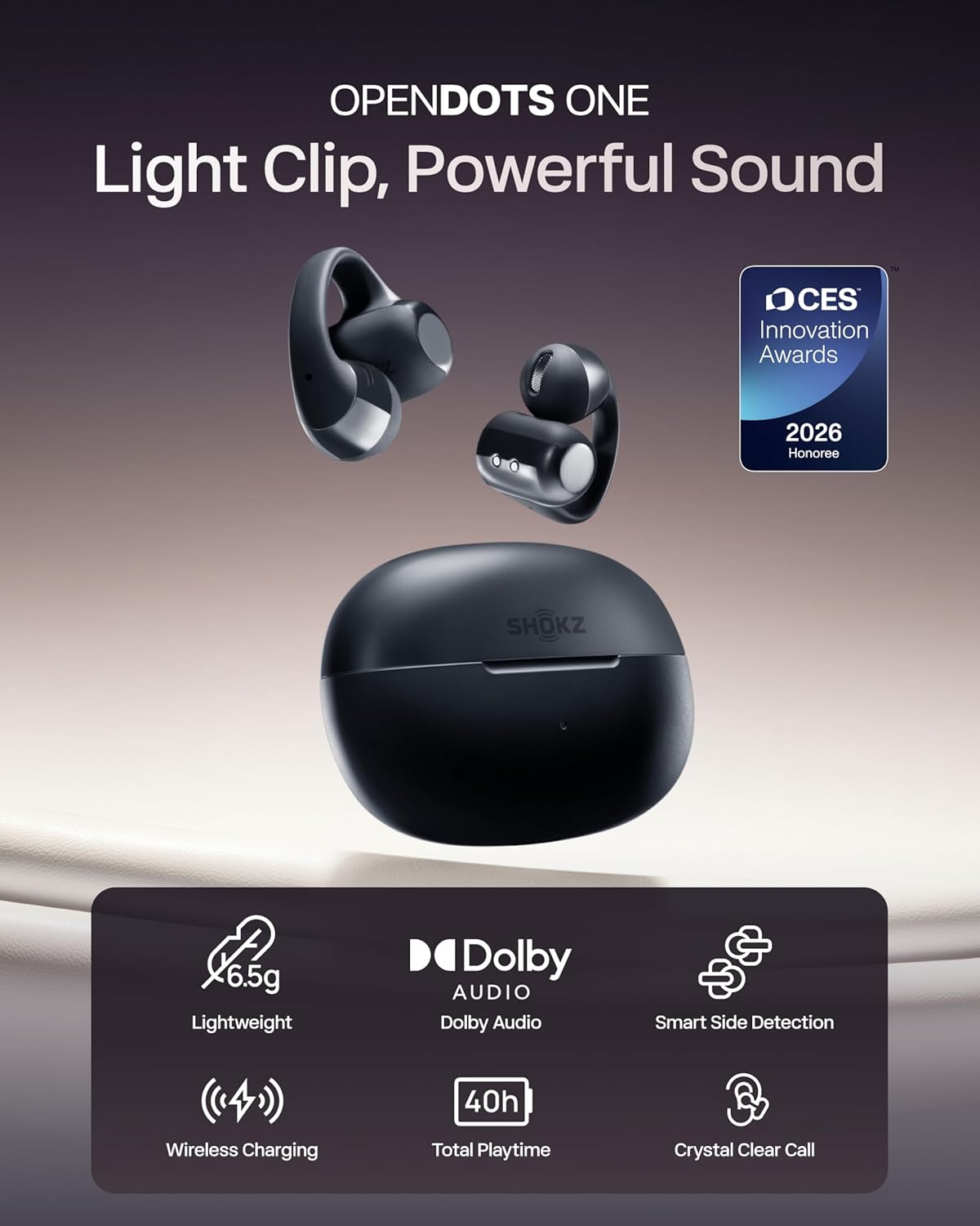 SHOKZ OpenDots ONE-Open-Ear Headphones, Clip-On Earbuds-Wireless Bluetooth Earbuds with Microphone-Secure, Lightweight, Comfort-Premium Dolby Audio-Water Resistant-Fast Charging-Up to 40 hrs Playtime - Image 3
