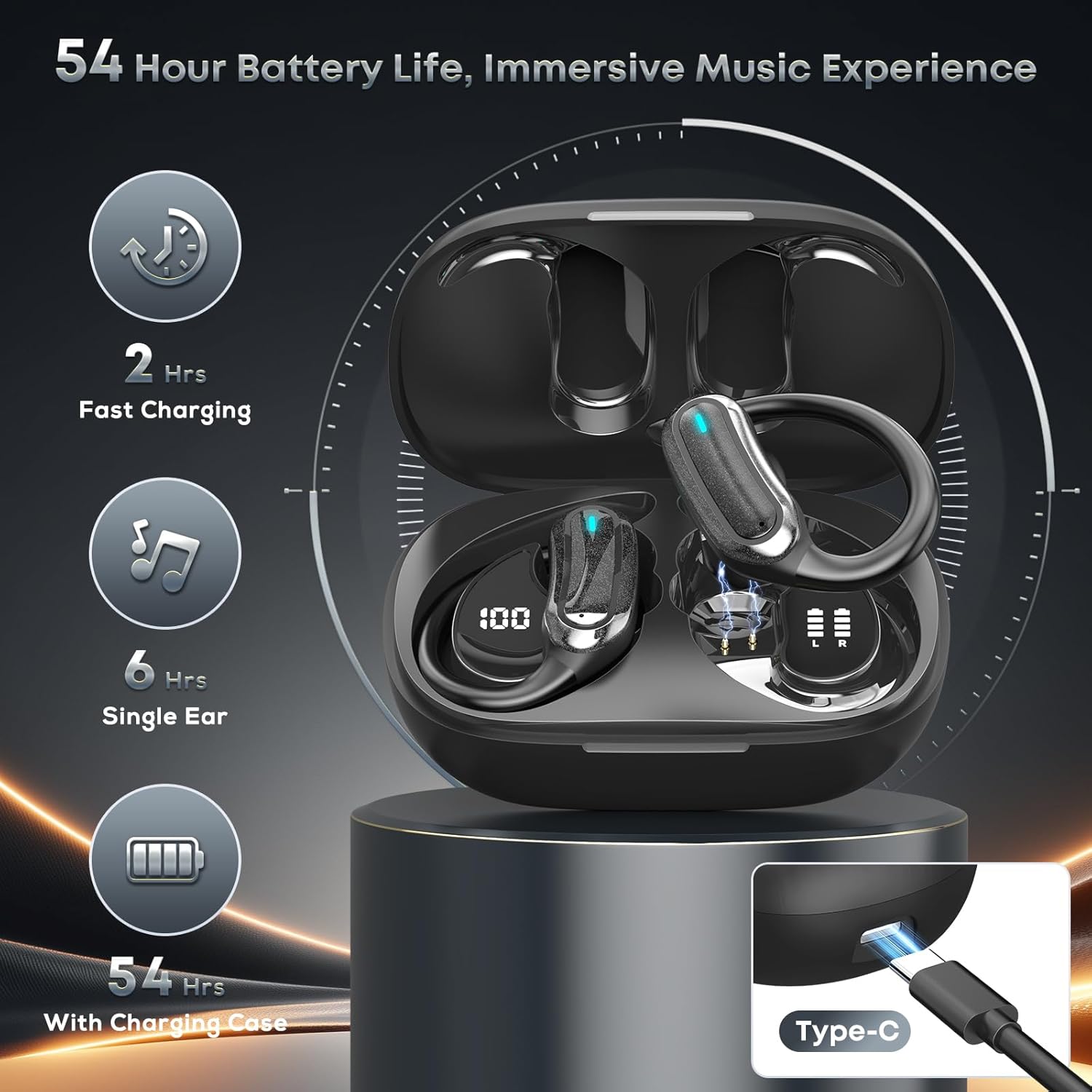 Wireless Earbuds Bluetooth 5.4 Headphones, 54H Playtime Stereo Earphones with Noise Cancelling Mic, IPX7 Waterproof, Fast Charging and Comfort Fit Ear Buds for Fitness/Sports/Workouts/Travel Black - Image 3