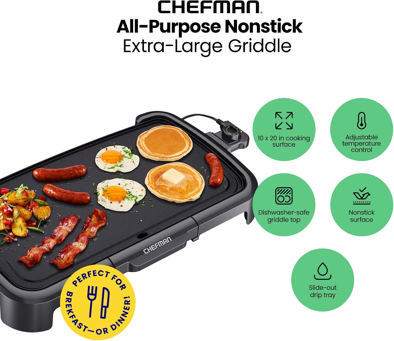 Chefman XL Electric Griddle with Removable Temperature Control, Immersible Flat Top Grill, Burger, Eggs, Pancake Griddle, Nonstick Extra Large Cooking Surface, Slide Out Drip Tray, 10 x 20 Inch - Image 2