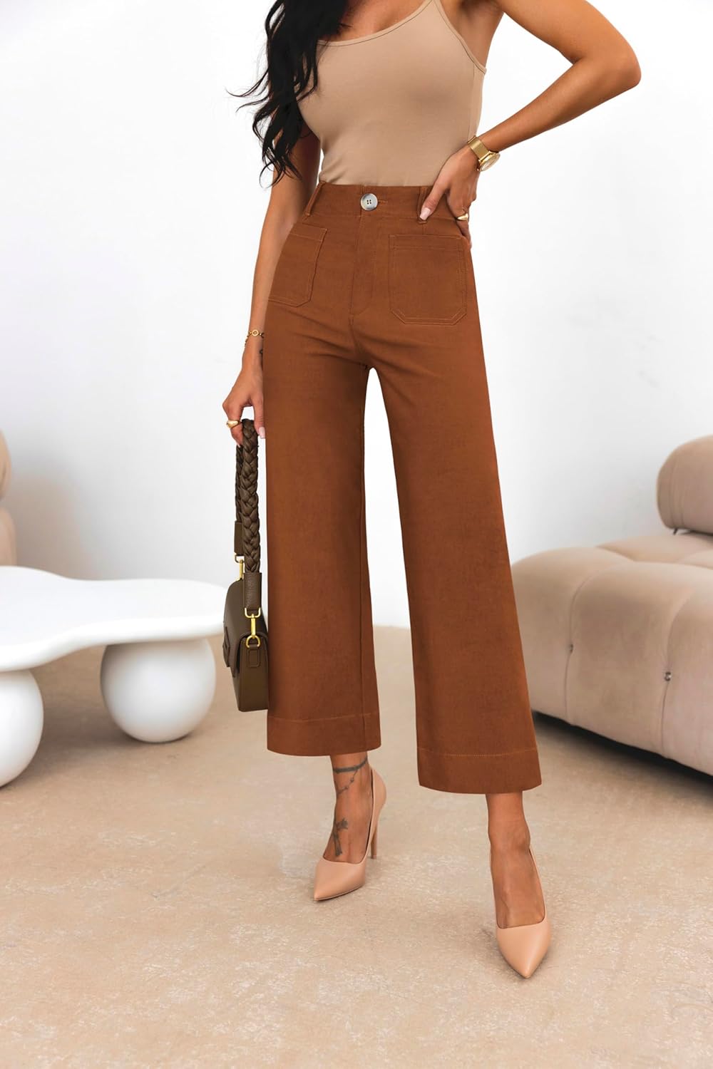 miduo Womens High Waisted Cropped Wide Leg Stretchy Straight Pants Trousers with Pockets - Image 3