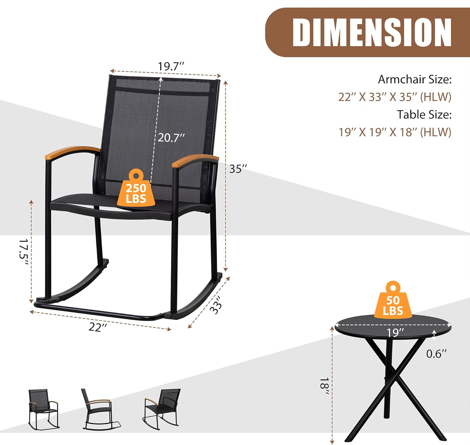 Shintenchi 3 Piece Outdoor Rocking Bistro Set, Textilene Fabric Small Patio Furniture Set, Front Porch Rocker Chairs Conversation Set with Table for Lawn, Garden, Balcony, Poolside (Black) - Image 6