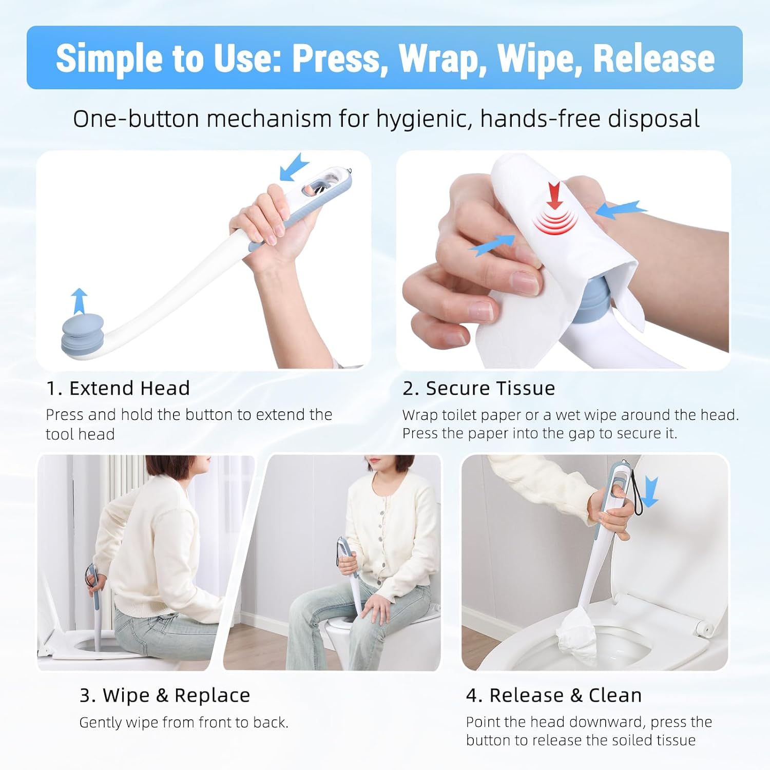 Toilet Aids for Wiping Bottom, 16.5" Long Reach Comfort Wipe - Butt Wiper Tool with Replaceable Head & Wrist Strap - Bottom Buddy Wiping Aid for Elderly, Disabled, Overweight, Post-Surgery - Image 5