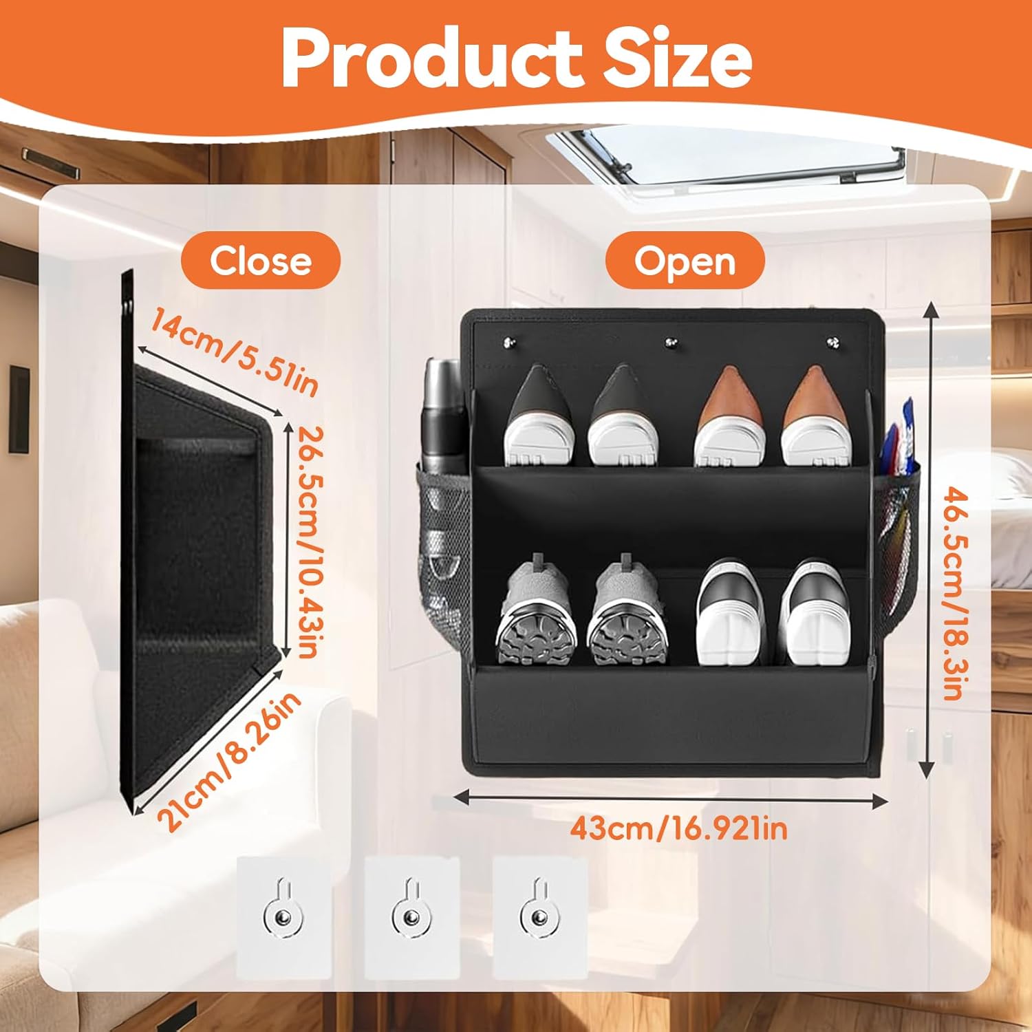2 Pack RV Shoe Storage Organizer, Over the Door/Wall Hanging Shoe Rack with Sticky Adhesive, Large Deep Pockets for Narrow Space, Closet Camper Storage Black - Image 3