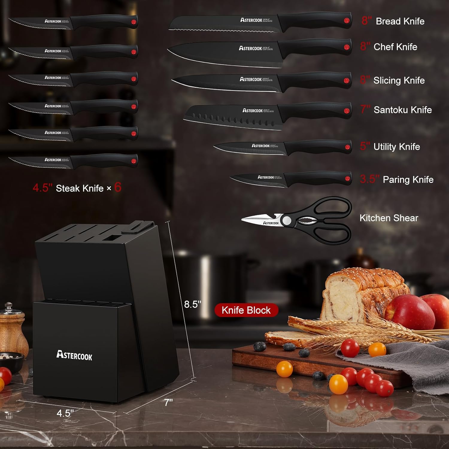 Knife Set, Astercook 15 Pieces Knife Sets for Kitchen with Block, Dishwasher Safe Kitchen Knife Set with Built in Sharpener Block, German Stainless Steel Knife Block Set, Mothers Day Gifts for Women - Image 3