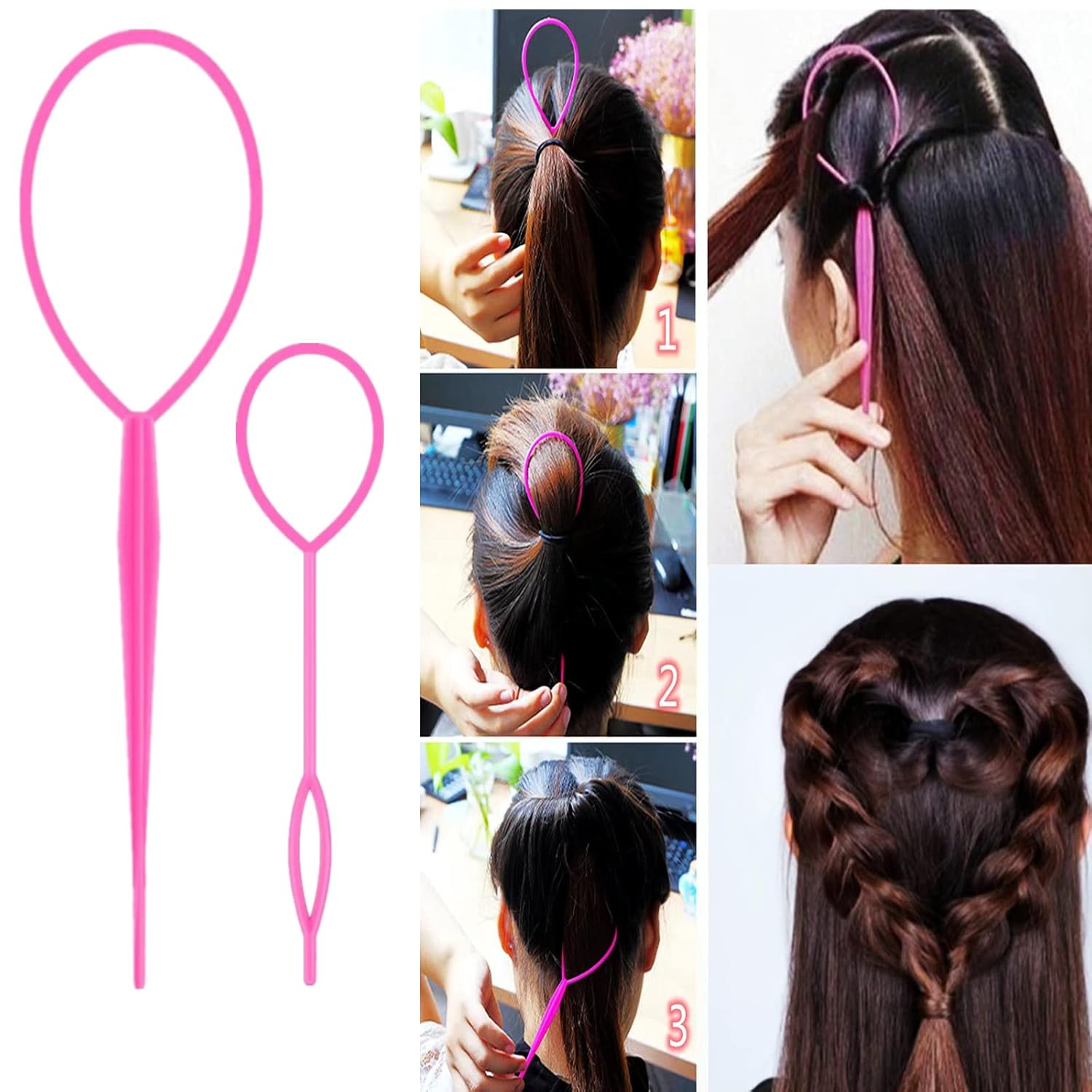 ZVOREI 8Pcs Hair Brushes Set with 4Pcs Topsy Hair Tail Tools 1Pcs Bristle Teasing Hair Brush 1Pcs Edge Control Brush 2Pcs Metal Pin Rat Tail Combs for Woman Girl hair Styling,Edge&Back Brushing,Pink - Image 2
