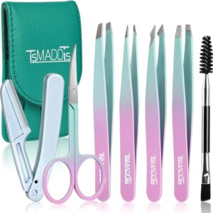 TsMADDTs 7 pcs Tweezers for Women Facial Hair, Precision Tweezer Set for Eyebrows with Curved Scissor and Eyebrow Razor for Ingrown Hair