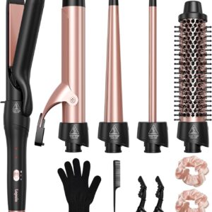 Lopeie 5 in 1 Curling Iron with Thermal Brush and 4 Interchangeable Ceramic Barrels(1/2 to 1 1/2 inch), Curling Wand Set with Flat Iron, Fast Heating, Dual Voltage Hair Curler, Mothers Day Gifts