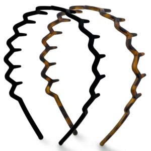 Kitsch Zig Zag Headbands for Women – Fashion Accessories for Slicked Back Styles – Comfortable Wavy Headbands | Comb Headband with Teeth | Ideal Gifts for Women – Black and Tortoise – 2 pcs