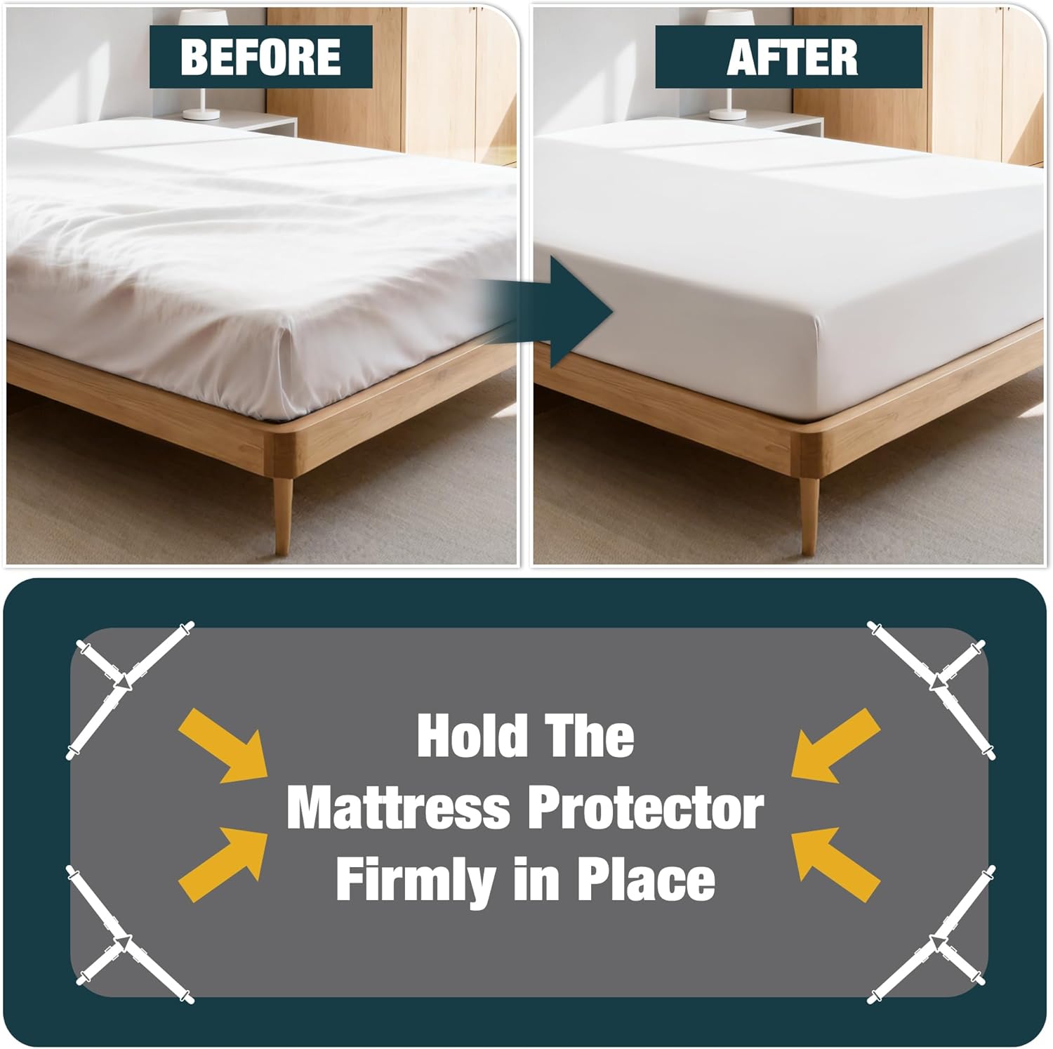 4 Pack Adjustable Elastic Straps with Metal Clips, Bed Sheet Fasteners in Assorted Four Sizes, Bedding Suspenders for Mattress Covers, Bed Corner Holders and Keepers (White) - Image 6