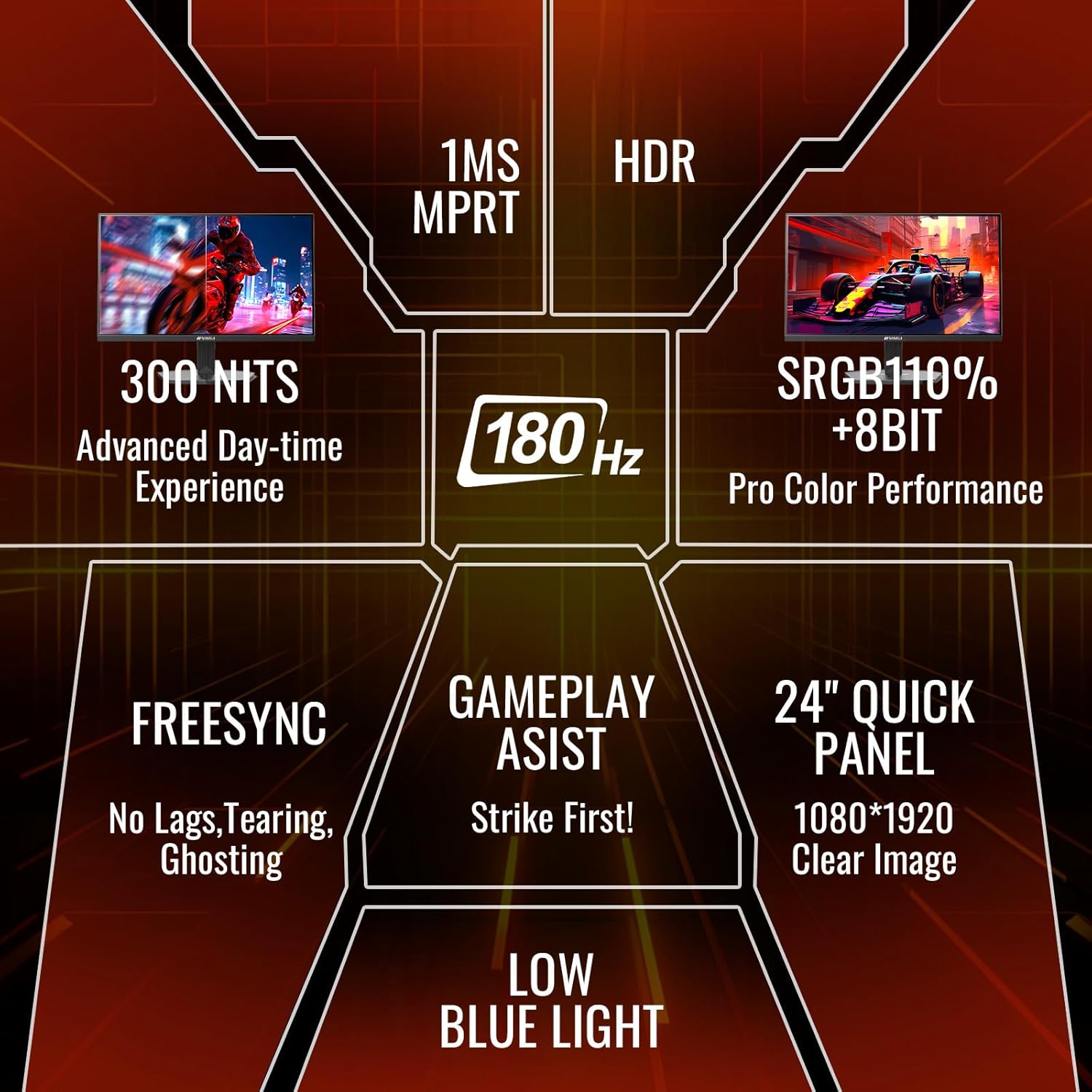 SANSUI Gaming Monitor, 24 Inch 180Hz, FHD 1080P 1ms 110% sRGB Computer Monitor, HDMI DP Ports VESA Support for Game Office (HDMI Cable Included) - Image 2
