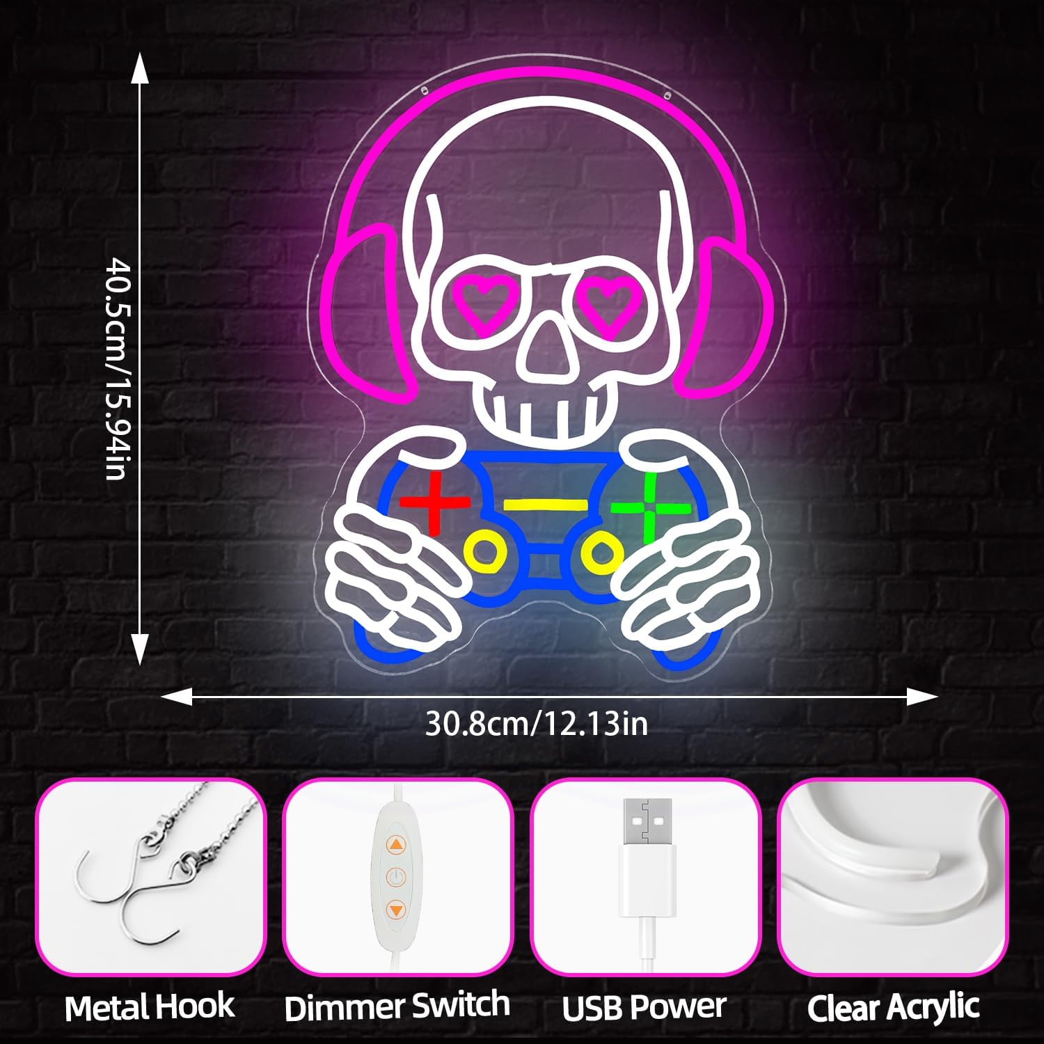 Skull Game Neon Sign Gaming Light Up Sign Dimmbale Skull Led Signs Skeleton Gamer Neon Lights for Man Cave Game Room Decor Gifts for Gamers Boys - Image 5