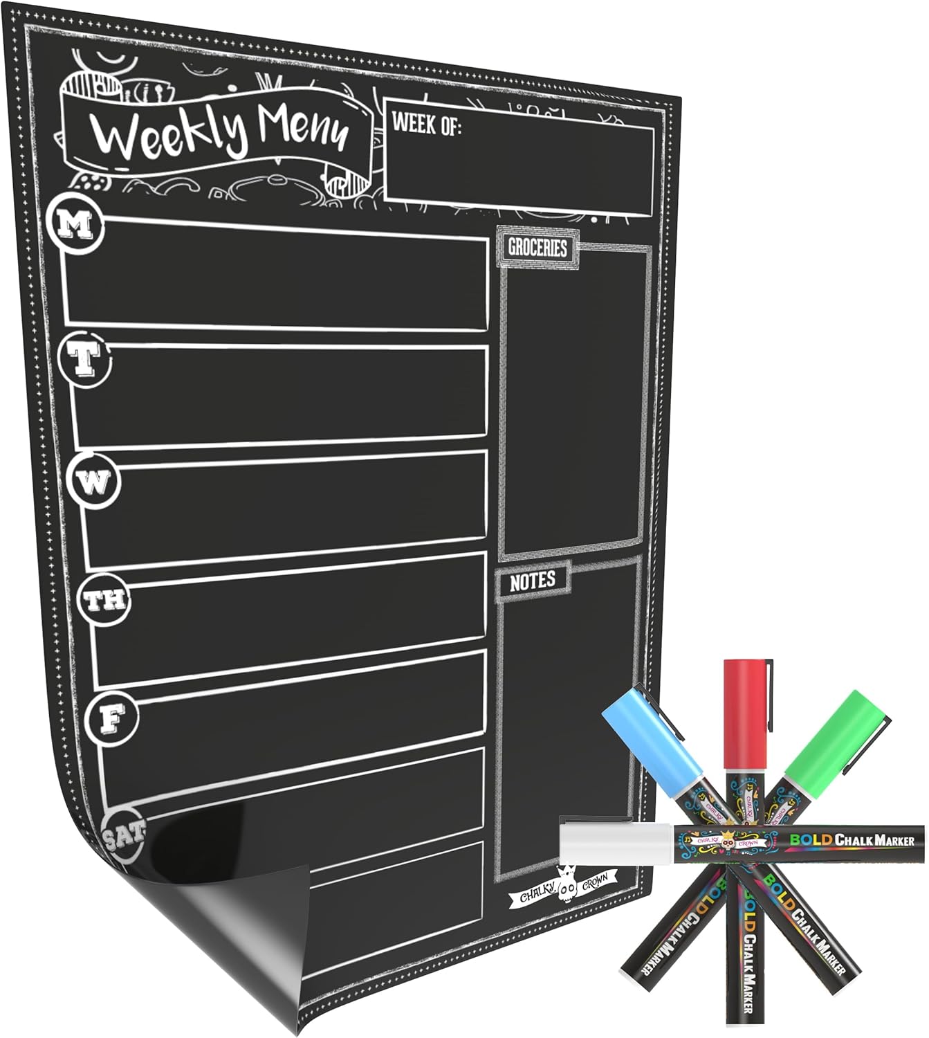 CHALKY CROWN Magnetic Dry Erase Menu Board for Fridge Includes 4 Liquid Chalk Markers - Weekly Meal Planner Blackboard, Grocery List & Notepad for Kitchen Refrigerator - Chalkboard Magnet 15.6" x11.6 - Image 6