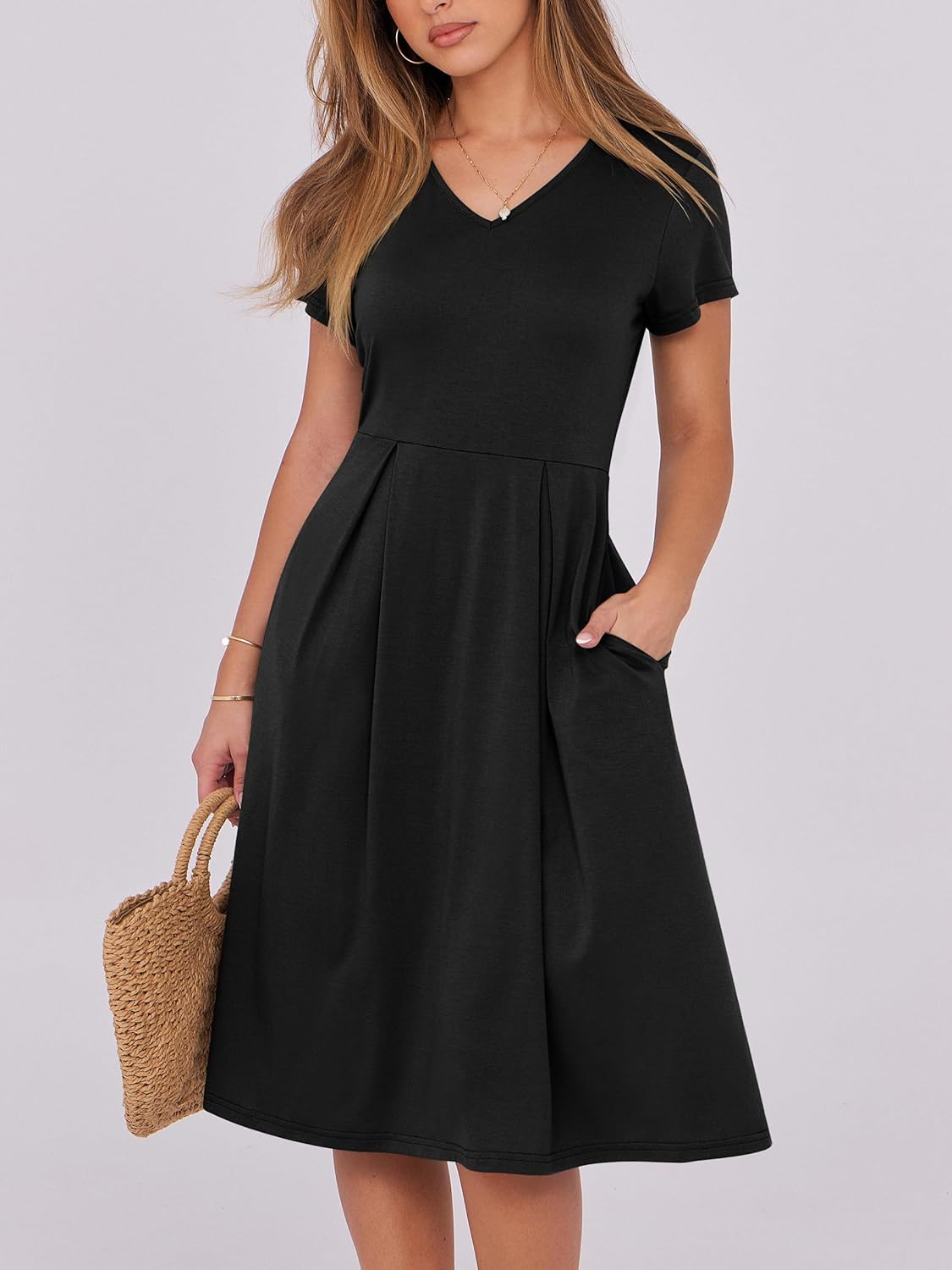 ANRABESS Women Summer Dress Casual Short Sleeve V Neck A-Line Knee Length Pleated Flowy 2026 Fashion Midi Dresses with Pocket - Image 2