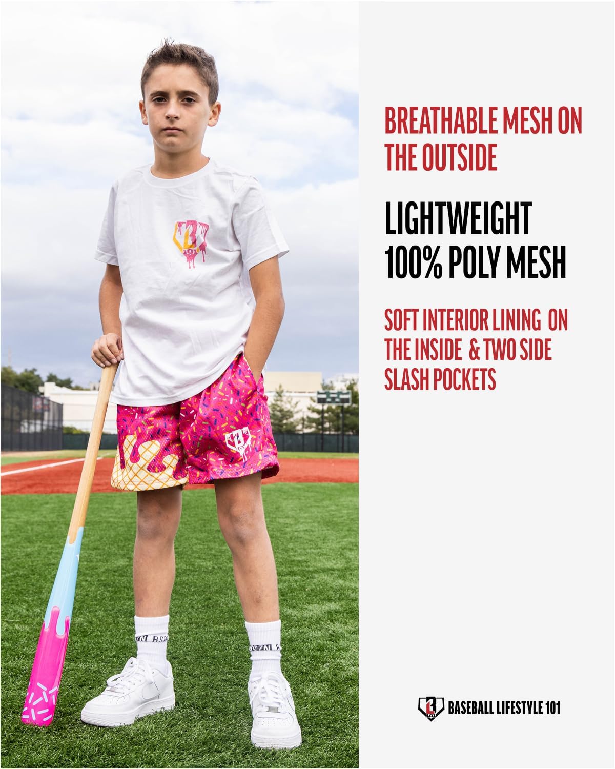 Baseball Lifestyle 101 Boy's Mesh Shorts w/Side Pockets Elastic Waist, 5 in Inseam - Image 5