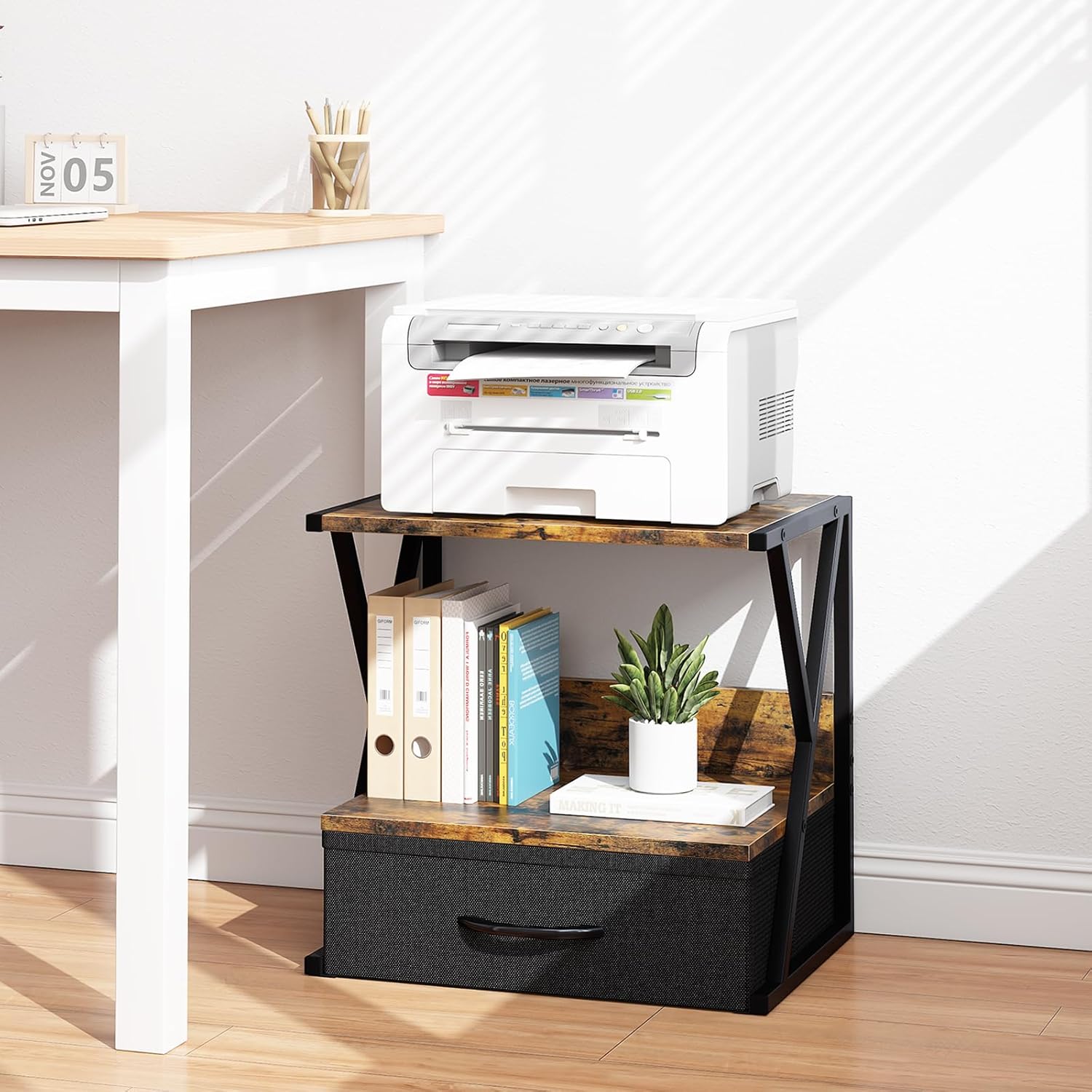 aboxoo Printer Stand for Desk with Storage Drawer, 2 Tier Desktop Or UnderDesk Shelf, Multi-Purpose Desk Organizer for Home Office, fit Fax Machine/3D Printer/Scanner, Rustic Brown - Image 8