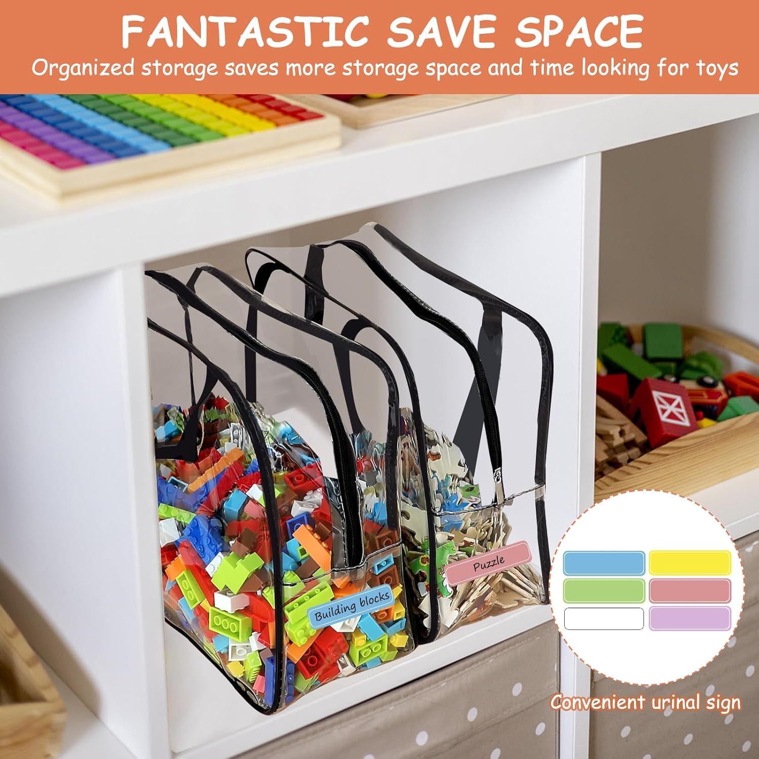 6 Packs Large Toy Storage Bags with Labels, Reusable Clear PVC Board Game Storage, Travel Waterproof Organizer Bags with Zipper for Building Blocks, Puzzle, Kids Books - Image 6