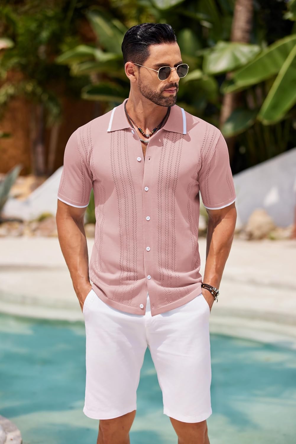 COOFANDY Men's Knit Button Down Shirt Vintage Short Sleeve Polo Shirts Casual Beach Tops - Image 6
