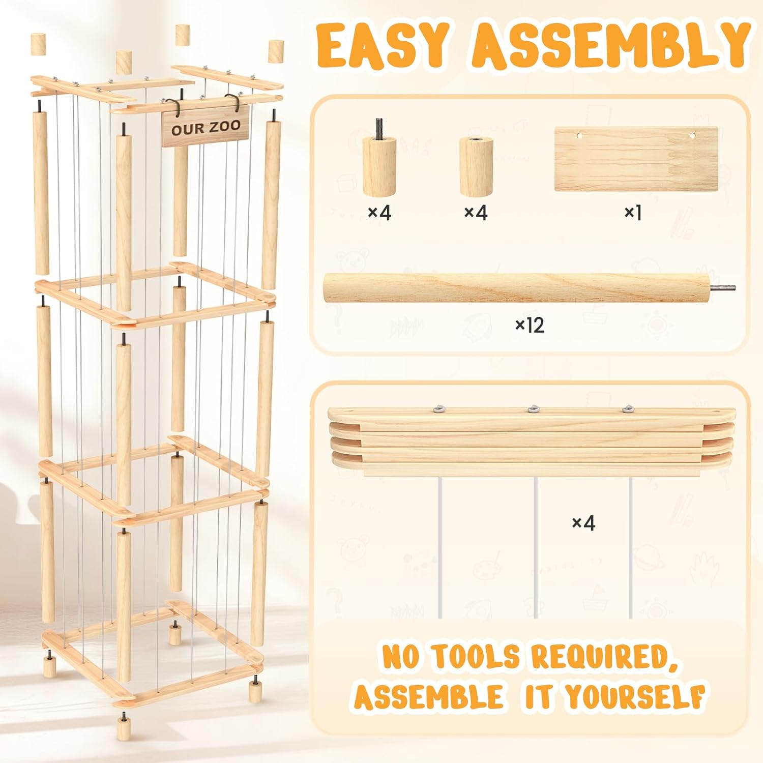 Woodure Stuffed Animal Storage & Organizer, Wooden Cute Zoo Toy Holder for Toddler Rooms, Playrooms & Bedrooms - Image 6