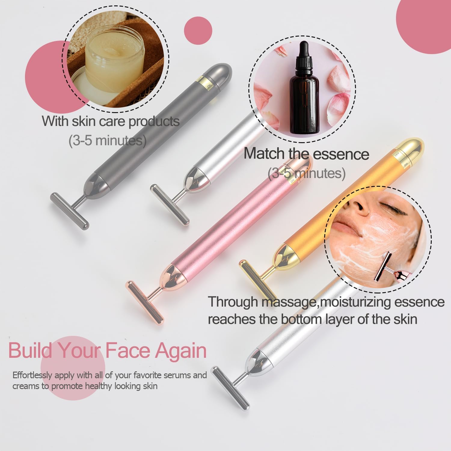 Beauty Bar 24K Gold Facial Massager - Face T Shape Tool for Skin Care Tightening with Ergonomic Design (Pink) - Image 7